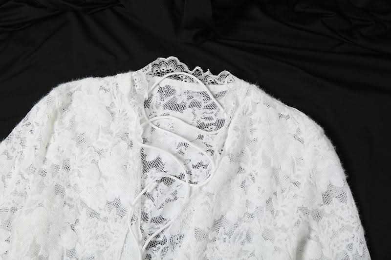 Sultry White Lace Bell Sleeve Maxi Dress | High Slit & Lace-Up Front | Resort & Winter Getaway Essential