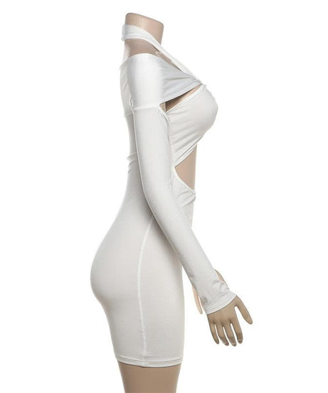 Sultry White Twisted Halter Cut-Out Mini Dress | Long Sleeve Bodycon for Fall & Party Nights