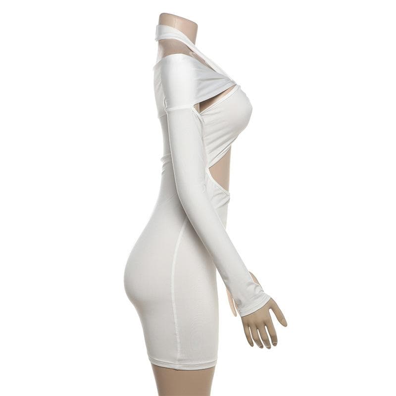 Sultry White Twisted Halter Cut-Out Mini Dress | Long Sleeve Bodycon for Fall & Party Nights