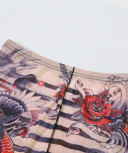 Unleash Your Inner Dragon: Y2K Tattoo Mesh Wrap Top & Flare Pants Set - Fall & Halloween Statement