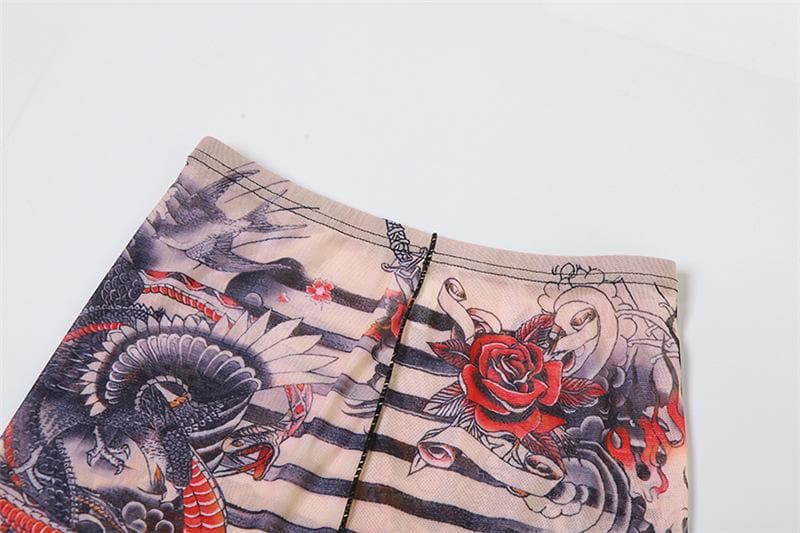 Unleash Your Inner Dragon: Y2K Tattoo Mesh Wrap Top & Flare Pants Set - Fall & Halloween Statement