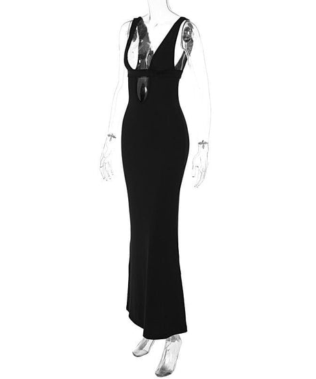The "IT" Girl Plunge Cutout Maxi Dress - Sleek Black for Fall Galas & Holiday Soirees