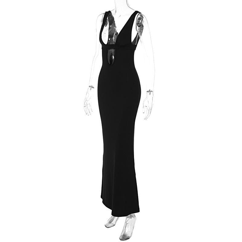 The "IT" Girl Plunge Cutout Maxi Dress - Sleek Black for Fall Galas & Holiday Soirees
