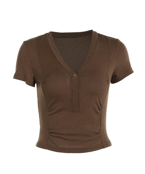 Women's Effortless Chic Mocha V-Neck Henley Crop Top - Your Essential Fall Layer