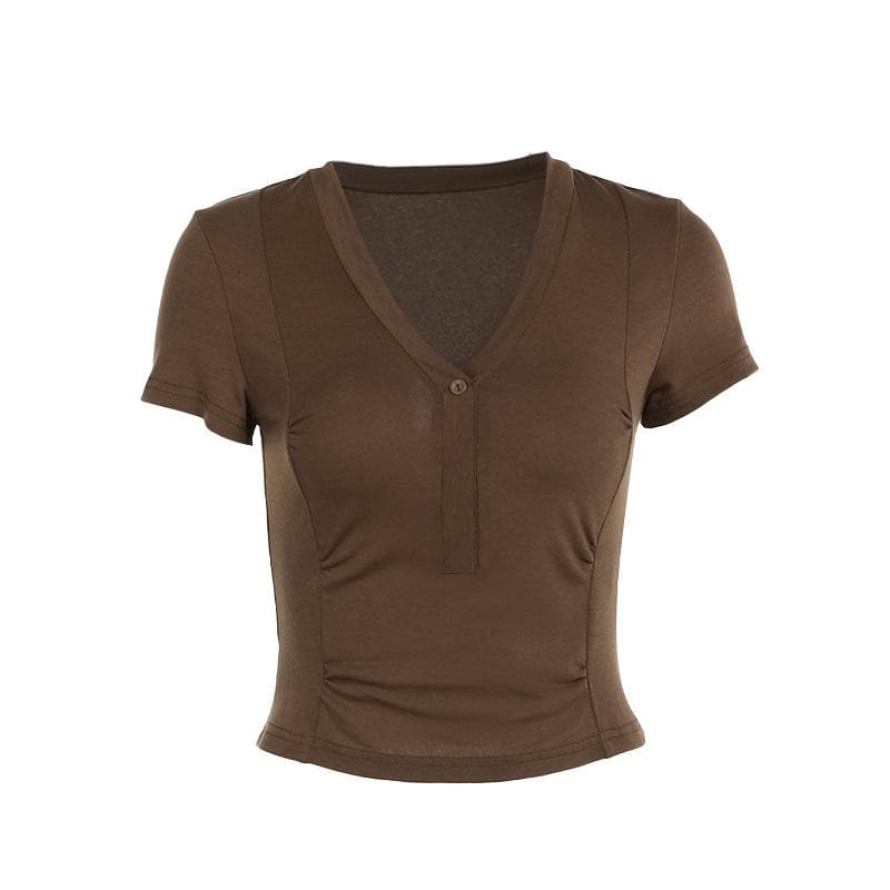 Women's Effortless Chic Mocha V-Neck Henley Crop Top - Your Essential Fall Layer