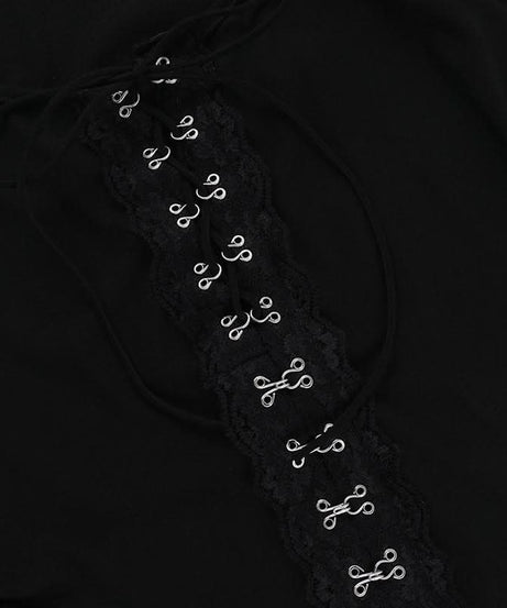 Sultry Black Lace-Up Corset Long Sleeve Top with Choker - Fall & Winter Edgy Chic