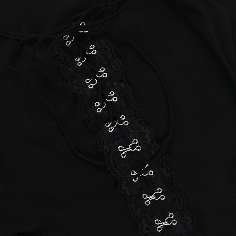 Sultry Black Lace-Up Corset Long Sleeve Top with Choker - Fall & Winter Edgy Chic