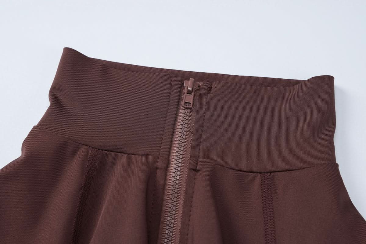 Cozy Fall Chic: Women's Brown Full-Zip Athleisure Set with Thumbholes