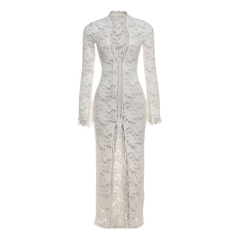 Sultry White Lace Bell Sleeve Maxi Dress | High Slit & Lace-Up Front | Resort & Winter Getaway Essential