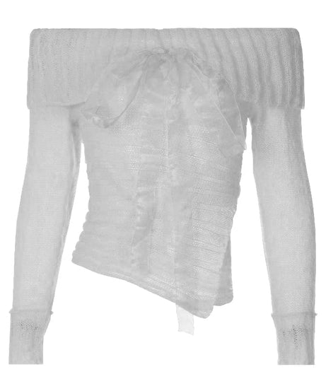 Chic Fall Off-Shoulder Ribbed Knit Top with Sheer Bow | Cozy Autumn Style for Women