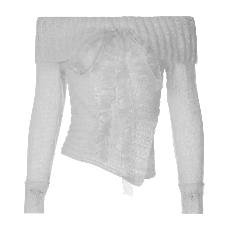 Chic Fall Off-Shoulder Ribbed Knit Top with Sheer Bow | Cozy Autumn Style for Women