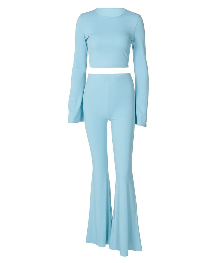 Fall Flair: Sky Blue Ribbed Bell Sleeve Crop Top & Flare Pant Set - Cozy Chic Loungewear