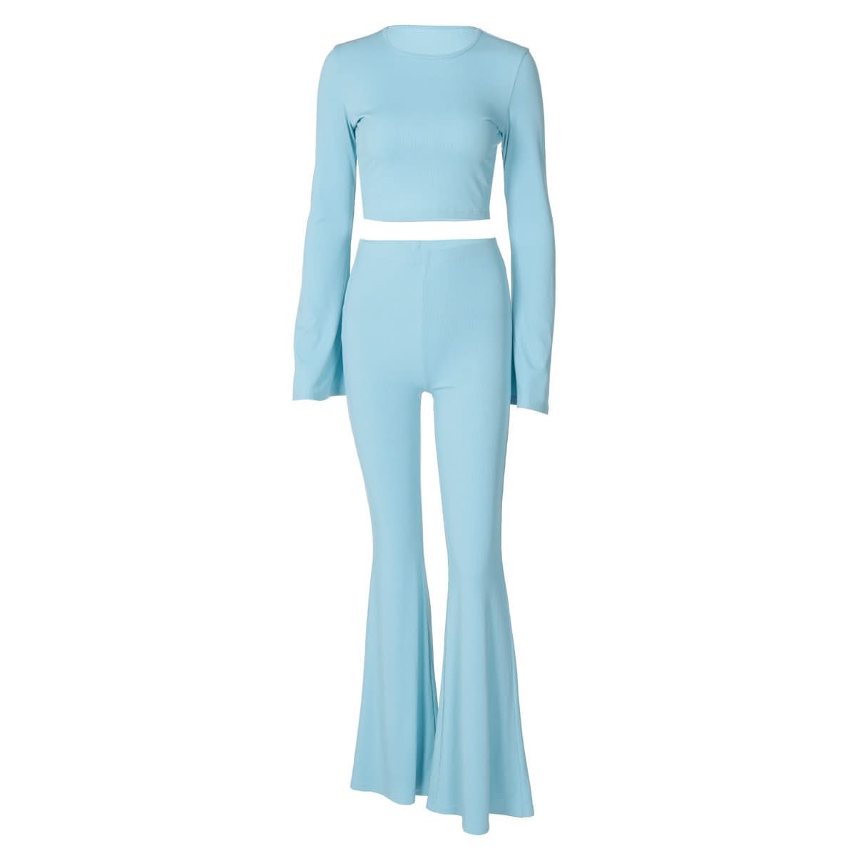 Fall Flair: Sky Blue Ribbed Bell Sleeve Crop Top & Flare Pant Set - Cozy Chic Loungewear