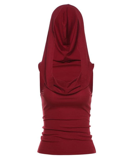 Autumn Enchantress: Deep Wine Red Sleeveless Cowl Neck Hoodie Top for Fall