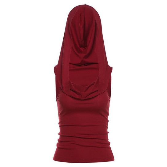 Autumn Enchantress: Deep Wine Red Sleeveless Cowl Neck Hoodie Top for Fall