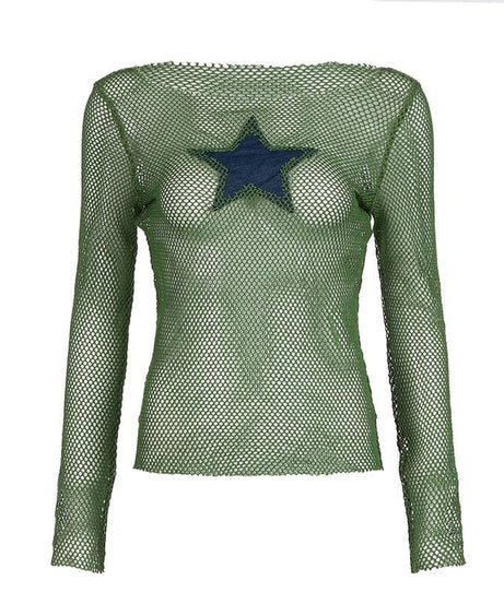 Y2K Grunge Star Mesh Long Sleeve Top - Edgy Fall Layering & Festival Chic for Women