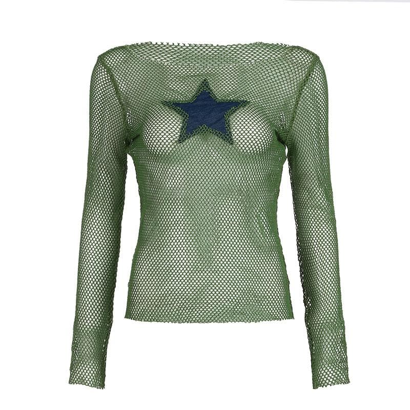 Y2K Grunge Star Mesh Long Sleeve Top - Edgy Fall Layering & Festival Chic for Women