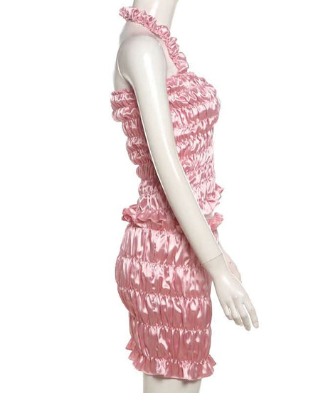 Y2K Barbiecore Pink Ruched Halter Top & Mini Skirt Set - Flirty Party & Halloween Ready