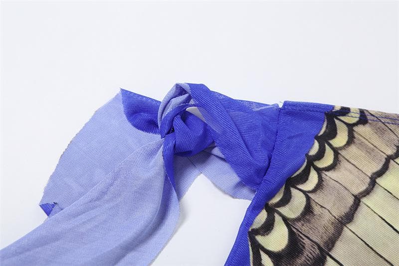 Enchanting Butterfly Art One-Shoulder Mesh Top - Flared Sleeve Y2K Style for Fall