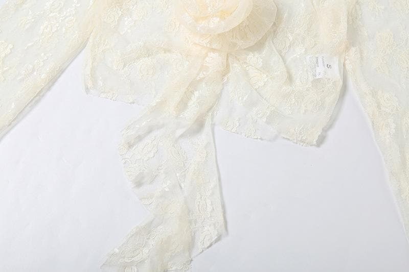 Romantic Coquette Lace Long Sleeve Crop Top with 3D Floral Appliqué
