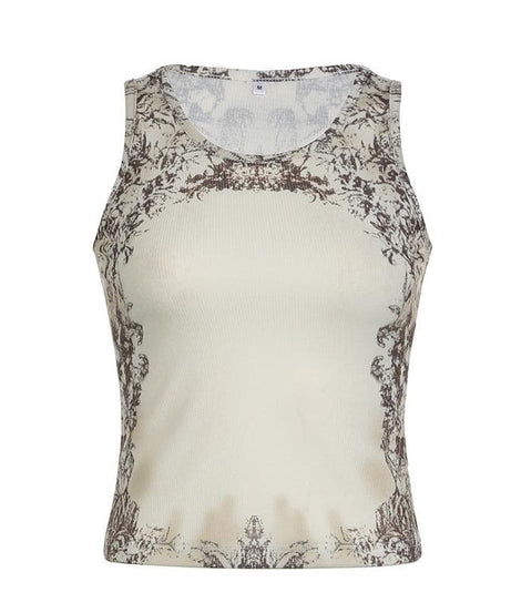 Chic Ornate Print Ribbed Tank Top - Fall Layering & Transitional Style