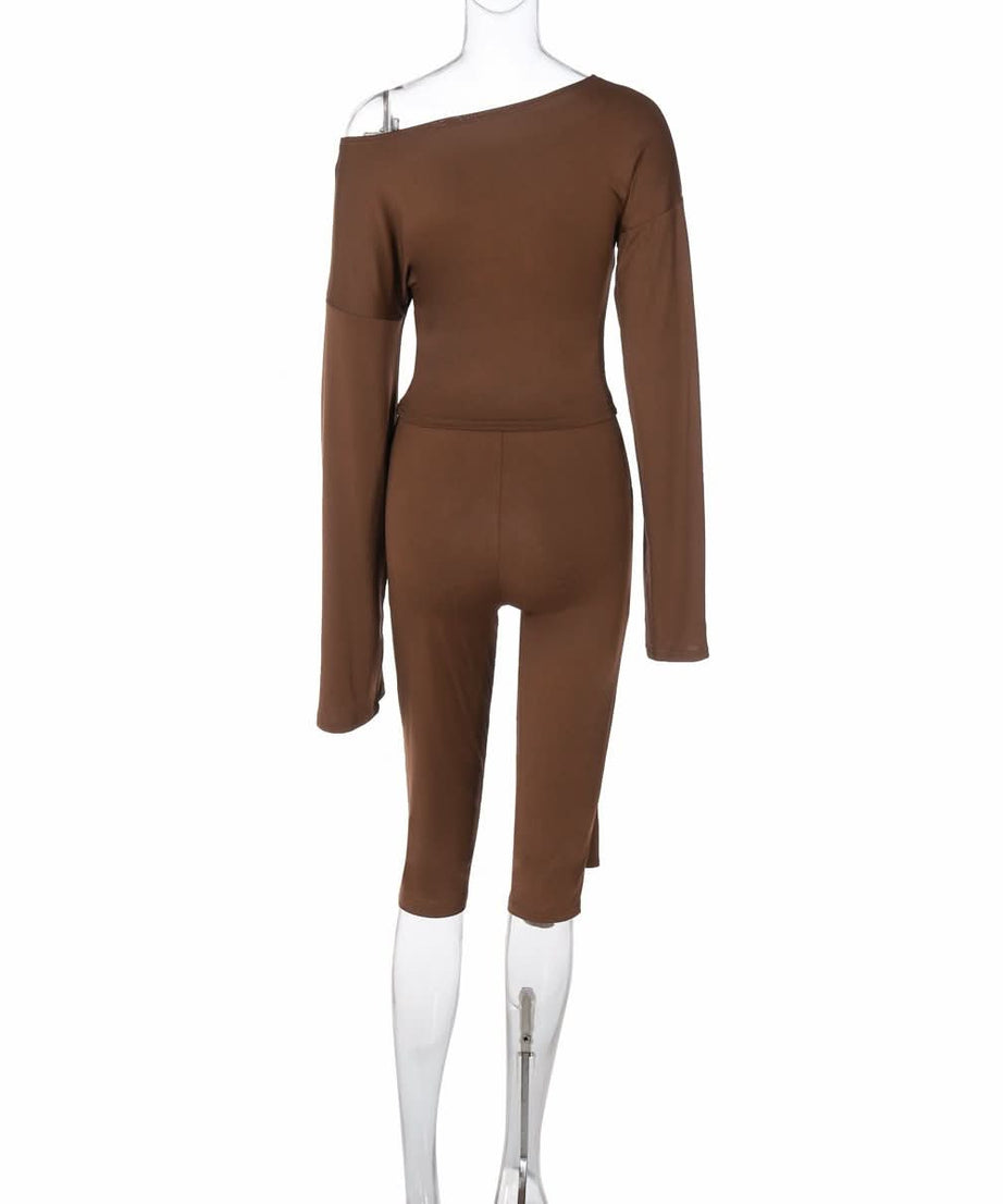Fall Chic: Off-Shoulder Tie-Waist Luxe Brown Matching Set for Women
