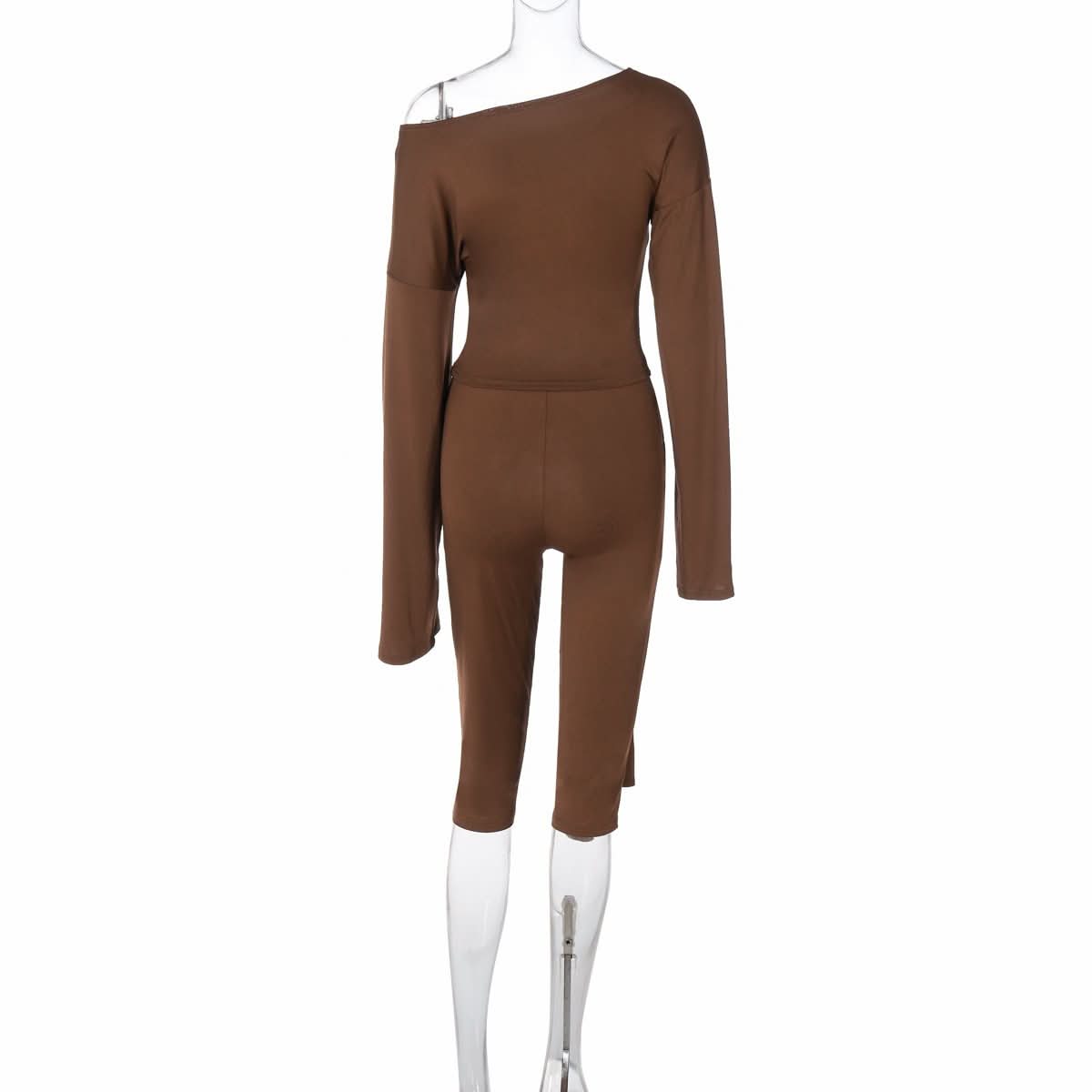 Fall Chic: Off-Shoulder Tie-Waist Luxe Brown Matching Set for Women