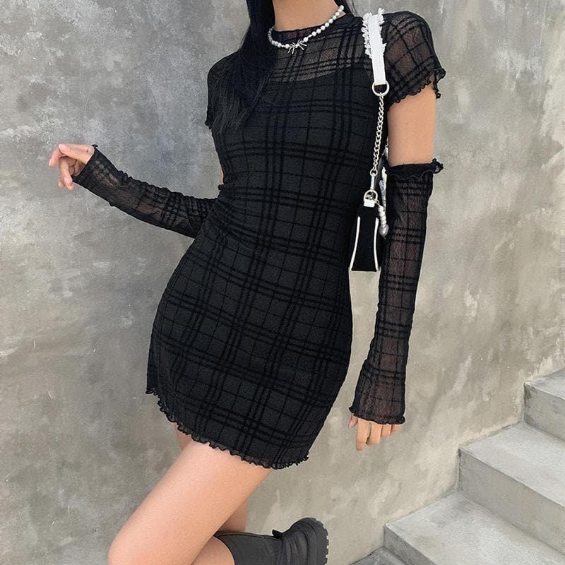 Spooky Chic Plaid Mesh Ruffled Mini Dress & Fingerless Gloves Set – Fall Party & Halloween Ready!