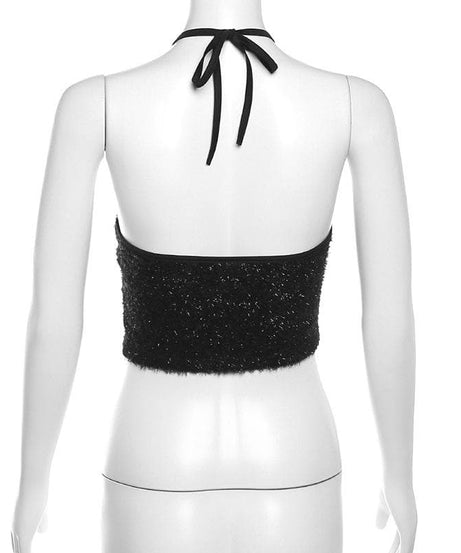 Luxe Black Fuzzy Halter Crop Top – Chic Fall & Holiday Going Out Style