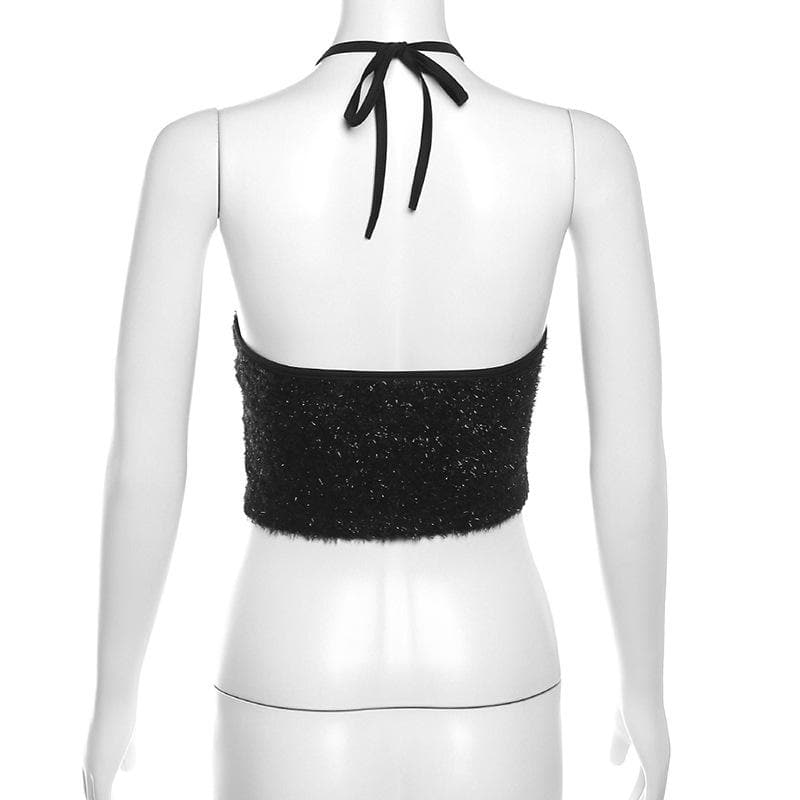 Luxe Black Fuzzy Halter Crop Top – Chic Fall & Holiday Going Out Style