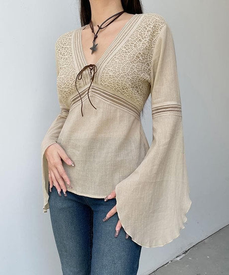 Autumn Bohemian Lace V-Neck Bell Sleeve Top | 100% Cotton Tie-Front Blouse