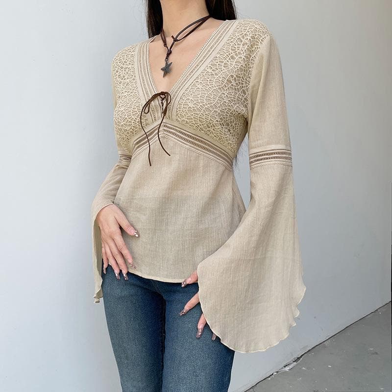 Autumn Bohemian Lace V-Neck Bell Sleeve Top | 100% Cotton Tie-Front Blouse
