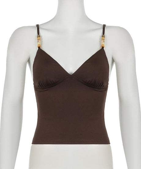 Fall Chic Espresso Cami Top: Pearl & Wood Beaded V-Neck Cropped Tank