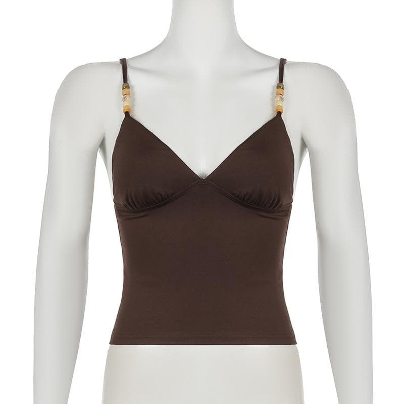 Fall Chic Espresso Cami Top: Pearl & Wood Beaded V-Neck Cropped Tank