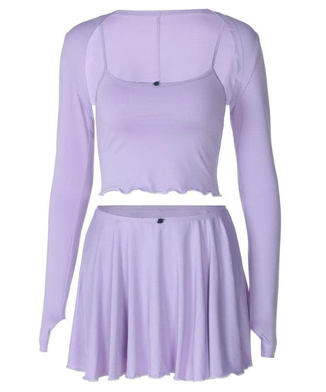 Lavender Dreamland: Chic 3-Piece Scalloped Crop Top, Flowy Mini Skirt & Long Sleeve Bolero Set – Your Fall Style Essential