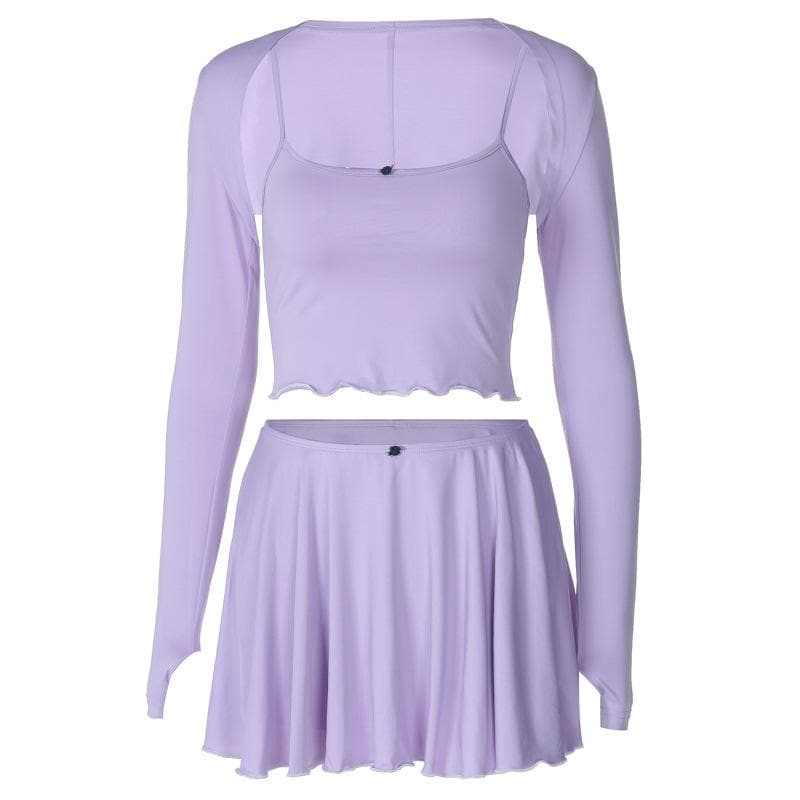 Lavender Dreamland: Chic 3-Piece Scalloped Crop Top, Flowy Mini Skirt & Long Sleeve Bolero Set – Your Fall Style Essential