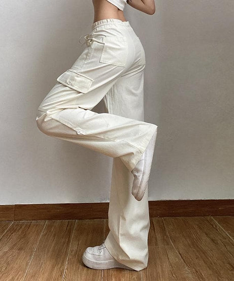 Effortless High-Waisted Cream Cargo Pants | Drawstring Wide Leg for Fall Trends