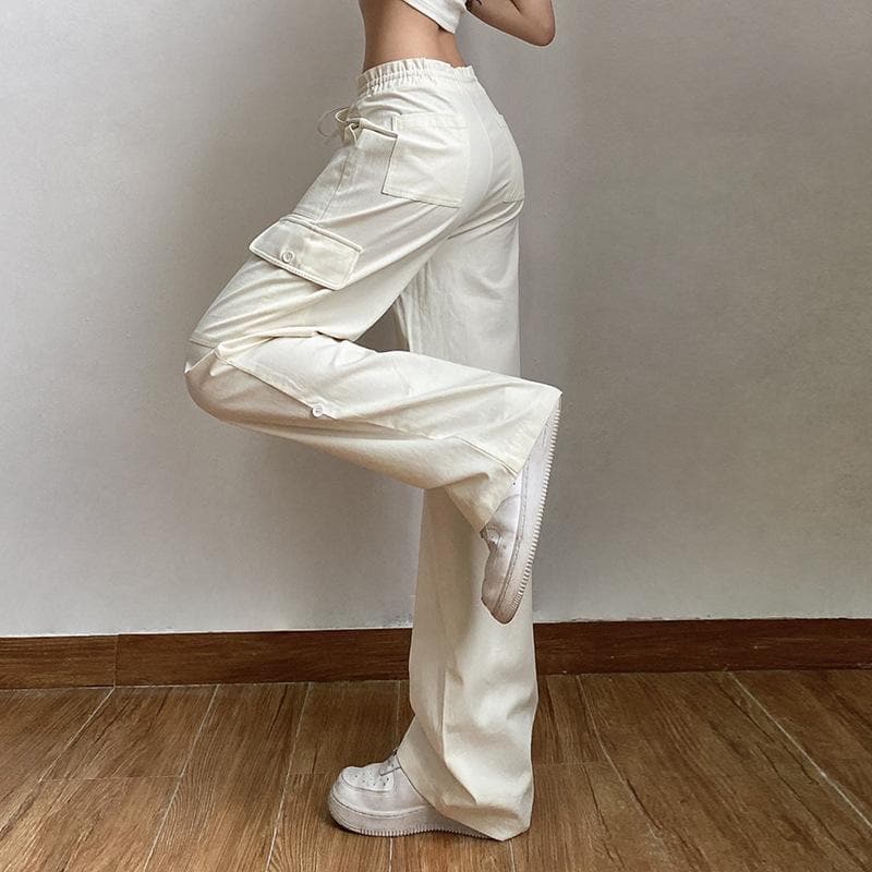 Effortless High-Waisted Cream Cargo Pants | Drawstring Wide Leg for Fall Trends