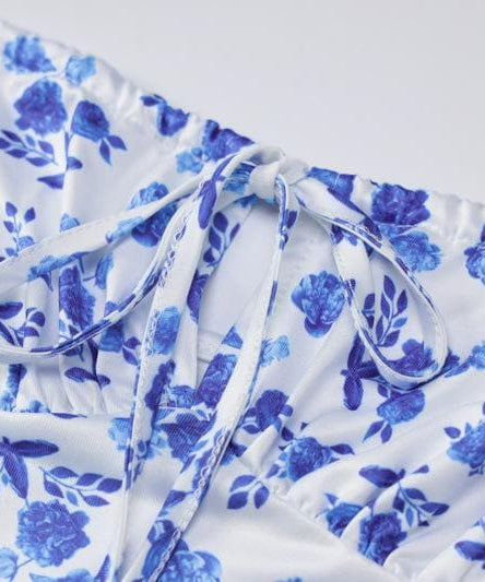 Chic Blue Floral Tie-Shoulder Maxi Dress - Elegant Mermaid Hem for Fall Events & Tropical Getaways