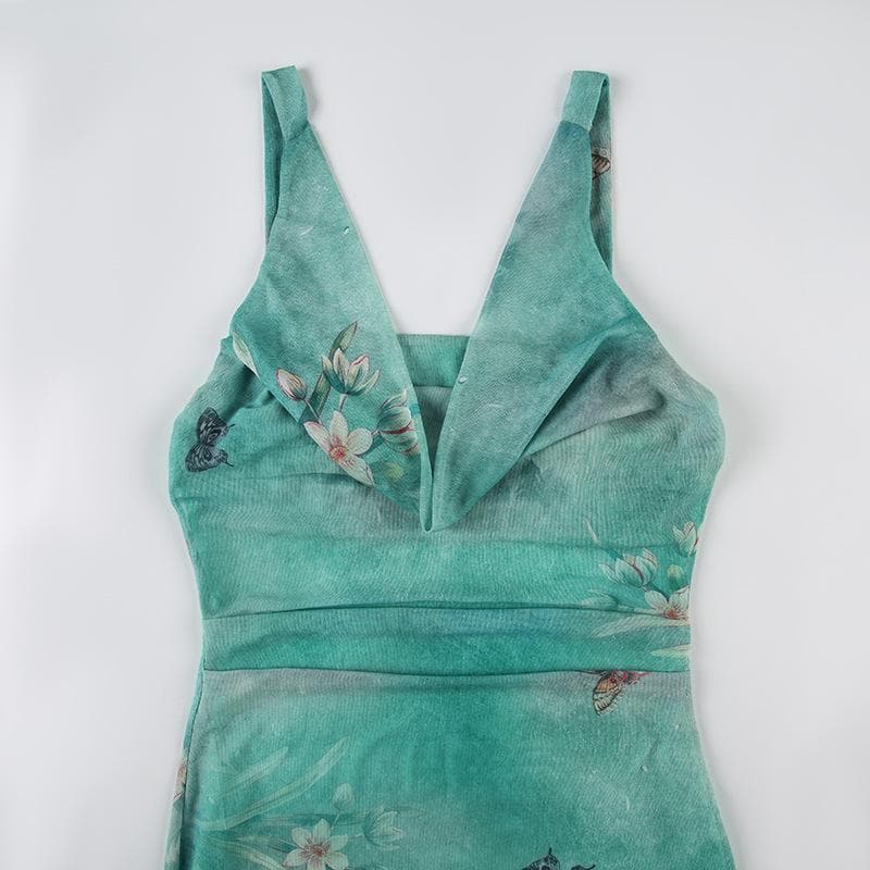 Dreamy Butterfly Print Ruched Mesh Maxi Dress | Cowl Neck & Mermaid Hem for Effortless Fall Style