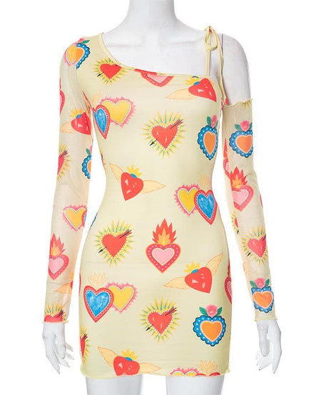 Vibrant Sacred Heart Mesh Mini Dress - Asymmetrical Long Sleeve | Fall Statement