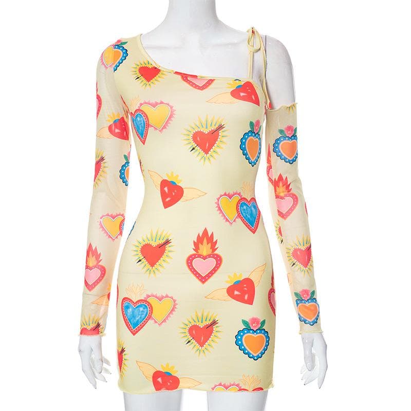 Vibrant Sacred Heart Mesh Mini Dress - Asymmetrical Long Sleeve | Fall Statement