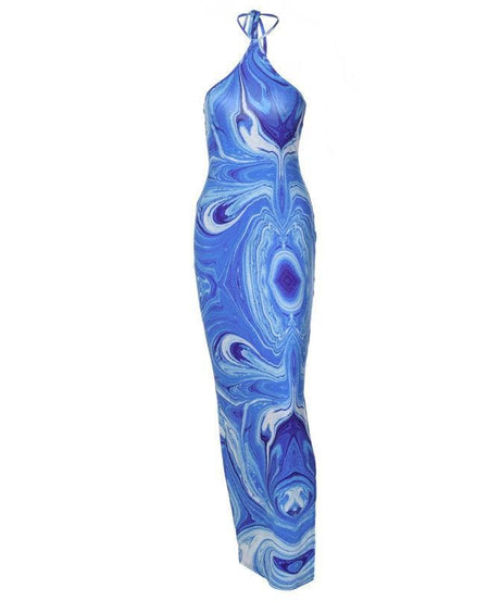 Effortless Chic Blue Marble Swirl Halter Maxi Dress – Your Go-To for Vacations & Glam Getaways