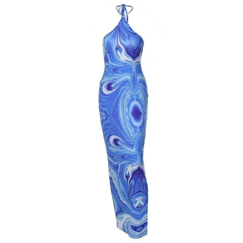 Effortless Chic Blue Marble Swirl Halter Maxi Dress – Your Go-To for Vacations & Glam Getaways