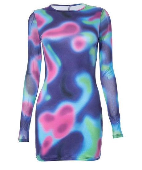 Electric Aura Mesh Long Sleeve Mini Dress - Trendy Fall Party Bodycon