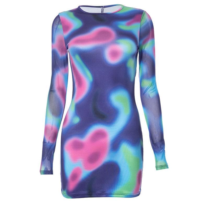 Electric Aura Mesh Long Sleeve Mini Dress - Trendy Fall Party Bodycon