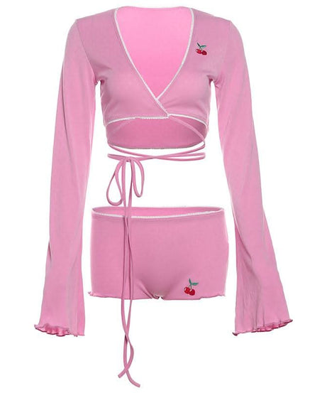Cozy Fall Vibes: Sweet Cherry Pink Ribbed Wrap Top & Shorts Lounge Set