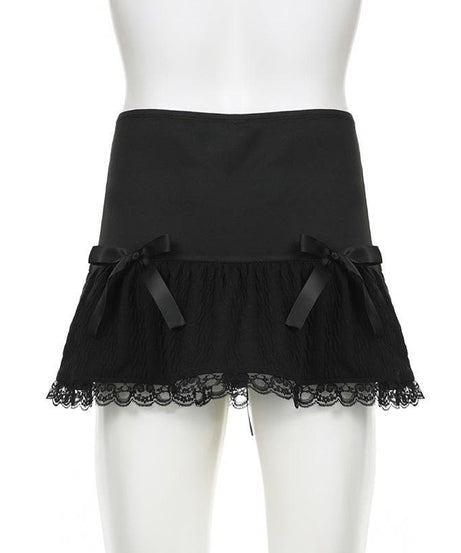 Edgy Chic: Black Low-Rise Lace-Up Mini Skirt | Gothic Bows & Lace Hem for Fall & Halloween