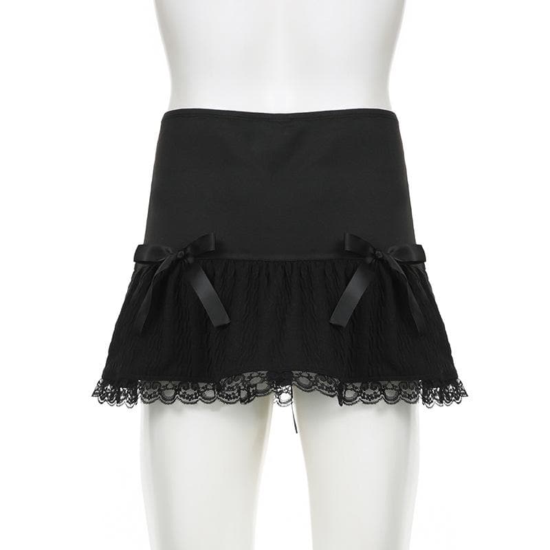 Edgy Chic: Black Low-Rise Lace-Up Mini Skirt | Gothic Bows & Lace Hem for Fall & Halloween