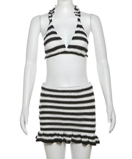 Fall Getaway Chic: Striped Knit Halter Top & Ruffle Mini Skirt Set